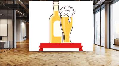 glass with bottle of beer and ribbon decoration on white background vector illustration design Wall mural