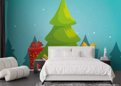 green tree christmas gifts boxes landscape background vector illustration eps 10 Wall mural