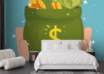 hands with money bag cash isolated icon vector illustration design Wall mural