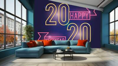 happy new year 2020 neon lights with ribbon Wall mural