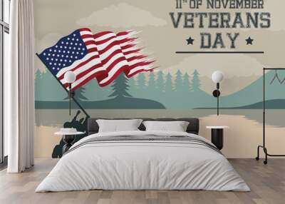 happy veterans day celebration card with soldiers lifting usa flag in lake scene Wall mural