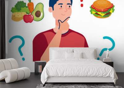 man choosing between healthy and unhealthy food, fast food vs balanced menu vector illustration design Wall mural