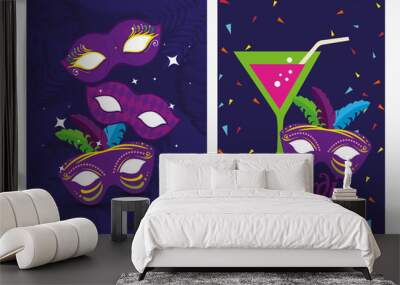 Mardi gras masks and cocktail vector design Wall mural