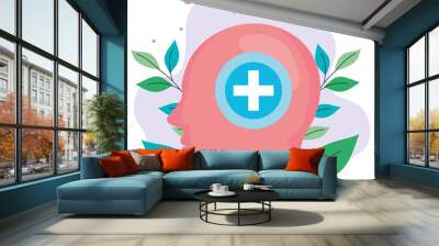 mental health concept, and human profile with mind positive vector illustration design Wall mural