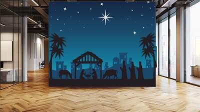 merry christmas nativity mary joseph baby and three wise men at night design, winter season and decoration theme Vector illustration Wall mural