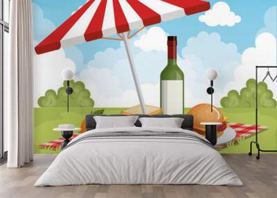 tableclothes picnic with umbrella and food scene vector illustration design Wall mural