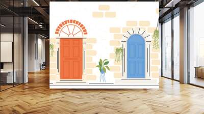 two orange and blue front doors with plants vector design Wall mural