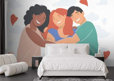 women and man friends hugging Wall mural