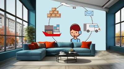 worker with laptop logistic delivery shipping boat plane truck box email vector illustration Wall mural