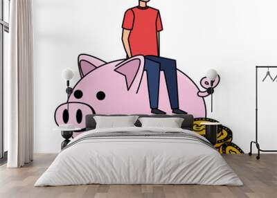 young man seated in piggy savings with coins money Wall mural