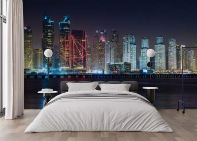 Scenic view of Dubai Marina Skyscrapers, night skyline, View from Palm Jumeirah, United Arab Emirates. Wall mural