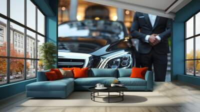 Professional driver near luxury car, closeup. Chauffeur service Wall mural