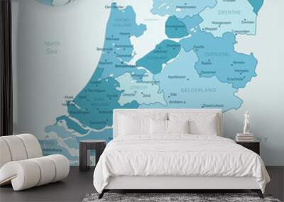 Blue-green detailed map of Netherlands and administrative divisions with country flag and location on the globe. Wall mural