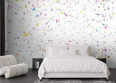 Multicolor confetti abstract background with a lot of falling pieces, isolated on a white background. Festive decorative tinsel element for design. 3d render Wall mural