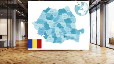 Romania administrative blue-green map with country flag and location on a globe. Wall mural