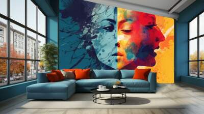 Abstrakt illustration of intrapersonal conflict, Bipolar personality disorder, portrait of woman. Concept of menthal illness, International Day of Mental Health Wall mural