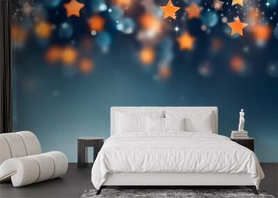 Festive abstract christmas background in blue orange gradient with soft bokeh lights and sharp stars, creating banner with warm, celebratory atmosphere of holiday or party, joyful celebration backdrop Wall mural