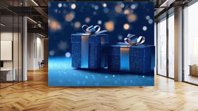 Glittering holiday background adorned with two radiant blue gift boxes, featuring a captivating blue and gold gradient with mesmerizing bokeh effects. AI generated Wall mural