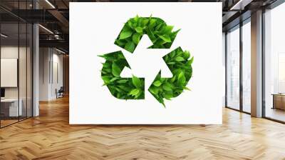 Green recycling symbol made out of leaves and elements of nature on white background. Banner with copy space. Concept of ecological waste management and recycling. Wall mural