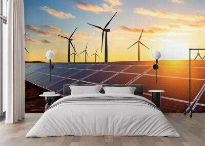 Solar farm with panels and wind turbines against a beautiful sunset sky background. The concept of energy crisis and eco-friendly renewable electricity energy. Banner with copy space Wall mural