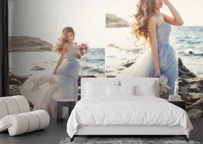 A collage of two photos-happy bride white wedding dress,beautiful long  hair,bride posing,standing on the rocky shore with a wedding bouquet of flowers on a background blue ocean Wall mural