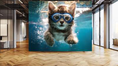 A funny smiled little kitten dives with a splash of water underwater in swimming goggles taking a selfie underwater. Wall mural