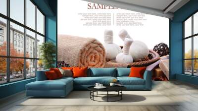 Spa massage border with rolled towel and compress balls Wall mural