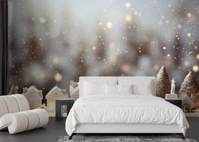 Charming Winter Village Scene with Glittering Snowflakes Wall mural