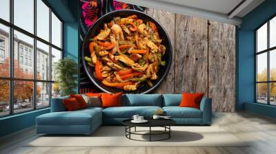 Mexican chicken fajitas on wooden background Wall mural