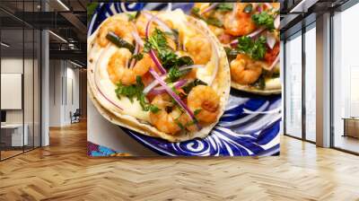 Mexican food. Shrimp tacos with melted cheese and poblano pepper called gobernador on white background. Wall mural