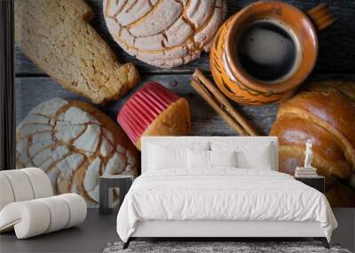 Set of mexican sweet bread and coffee Wall mural