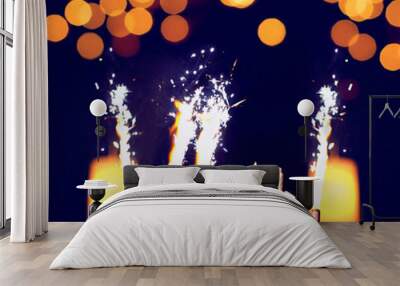 Celebration, holiday birthday cake with candles and fireworks, b Wall mural