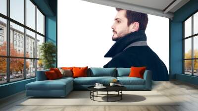 Fashionable portrait of handsome bearded elegant man model posing looking away isolated on white background Wall mural