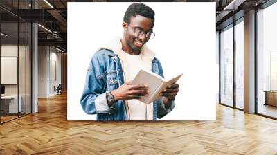 Portrait of smiling young african man student with book looking away wearing eyeglasses isolated on white background Wall mural