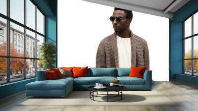 Portrait of stylish young african man model wearing a knitted cardigan isolated on a white background Wall mural