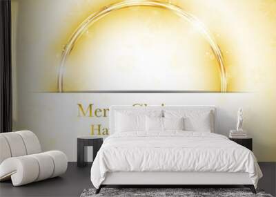 Merry Christmas Happy New Year Ball Golden with Stars and Snowfl Wall mural