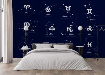 White sings of zodiac with constellations, dates and handdrawn lettering on deep blue background. Flat vector illustration EPS 10. Wall mural