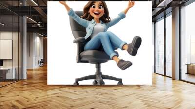 3D cartoon, a happy woman sitting in an office chair and jumping in the air with her legs crossed. on a solid white background Wall mural