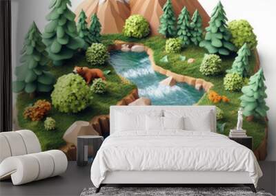 3D cartoon river with clear water, red salmon fish, and mountain landscape. on a solid white background Wall mural