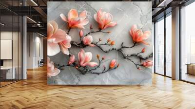 3d floral wallpaper, pink and peach magnolia flowers on branch with gray marble background Wall mural