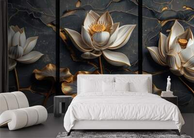 3D luxury wallpaper design with lotus flowers on a black granite background Wall mural