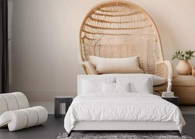 Empty beige wall mockup in a boho room with a wicker armchair and a vase. Natural daylight filters in, creating a serene and warm ambiance, ideal for promotional displays or interior design visuals Wall mural