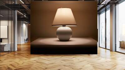 Small lamp glowing in bedroom night stand, close up, dim room Wall mural