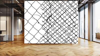 The texture of the metal mesh on a white background. Torn steel, metal mesh with holes Wall mural