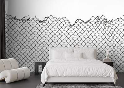 The texture of the metal mesh. Torn, destroyed, broken metal mesh on a white background Wall mural