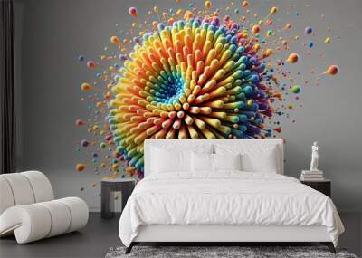 Vibrant 3D abstract sphere with dynamic spikes and droplets in multicolored gradient hues. Futuristic and fluid design on a neutral background. Wall mural