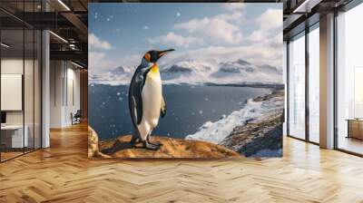 A Majestic King Penguin Standing on a Cliff with Snow-Covered Mountains in the Background Wall mural