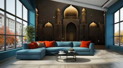 Beautiful Islamic illustration and golden mosque. Realistic Ramadan Kareem greeting card with night view Wall mural