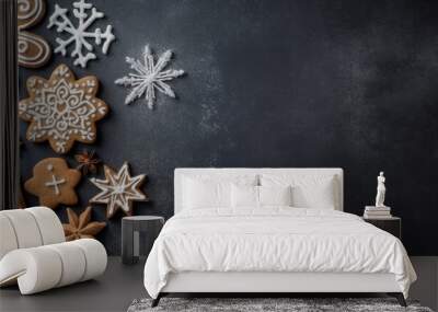 Gingerbread Cookies and Christmas Decorations on a Dark Background Wall mural