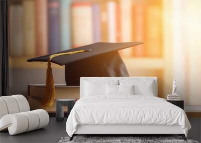 Graduation Cap Atop Books in a Library Setting Wall mural